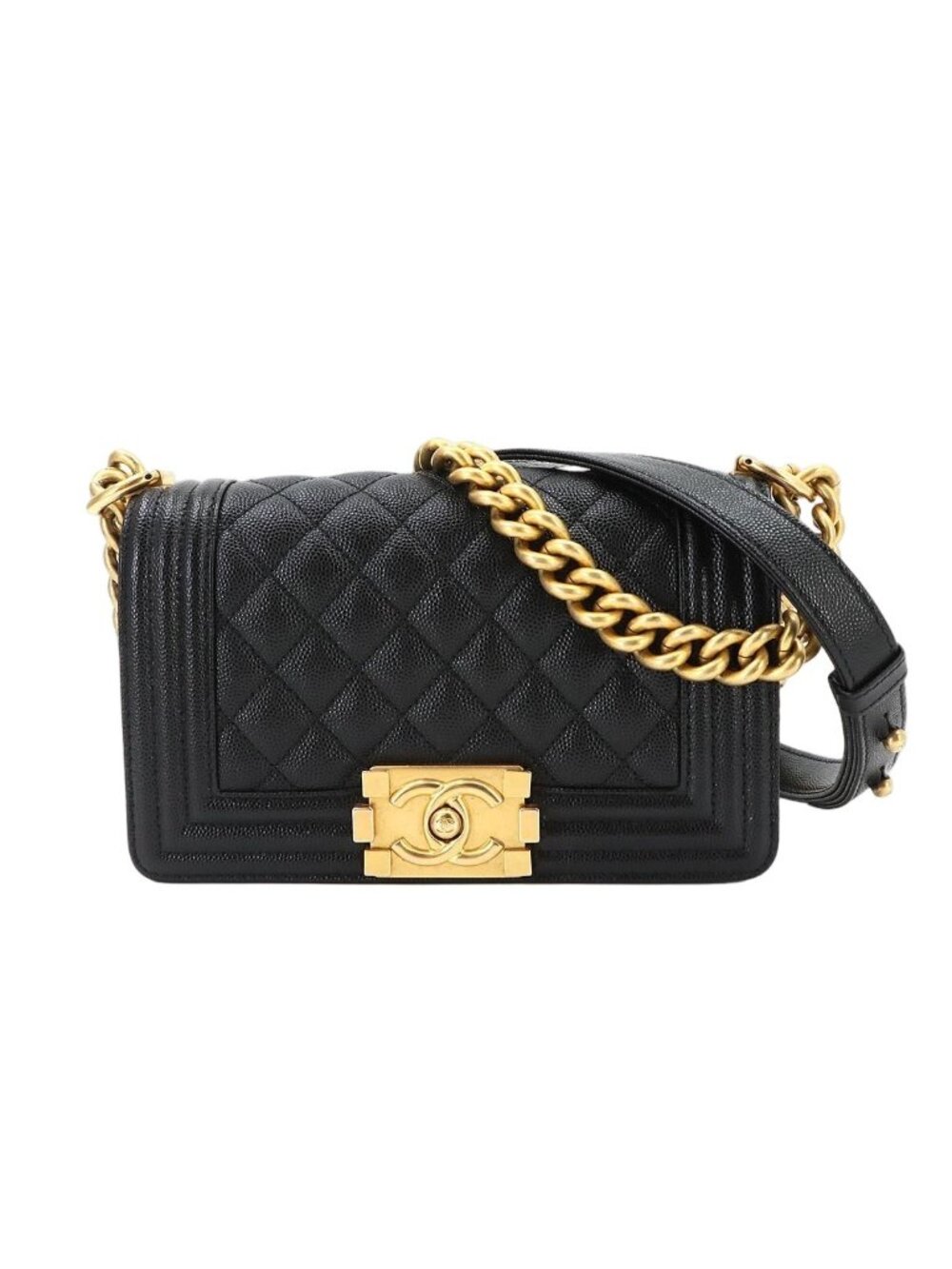 Chanel Boy Small Chain Shoulder Bag Caviar Leather Black Gold